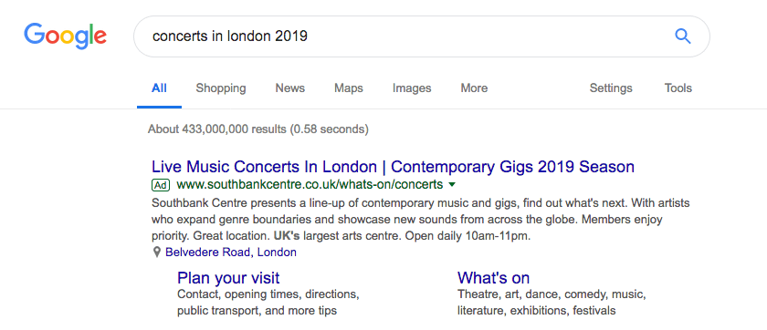 An example of PPC ads for events in London.